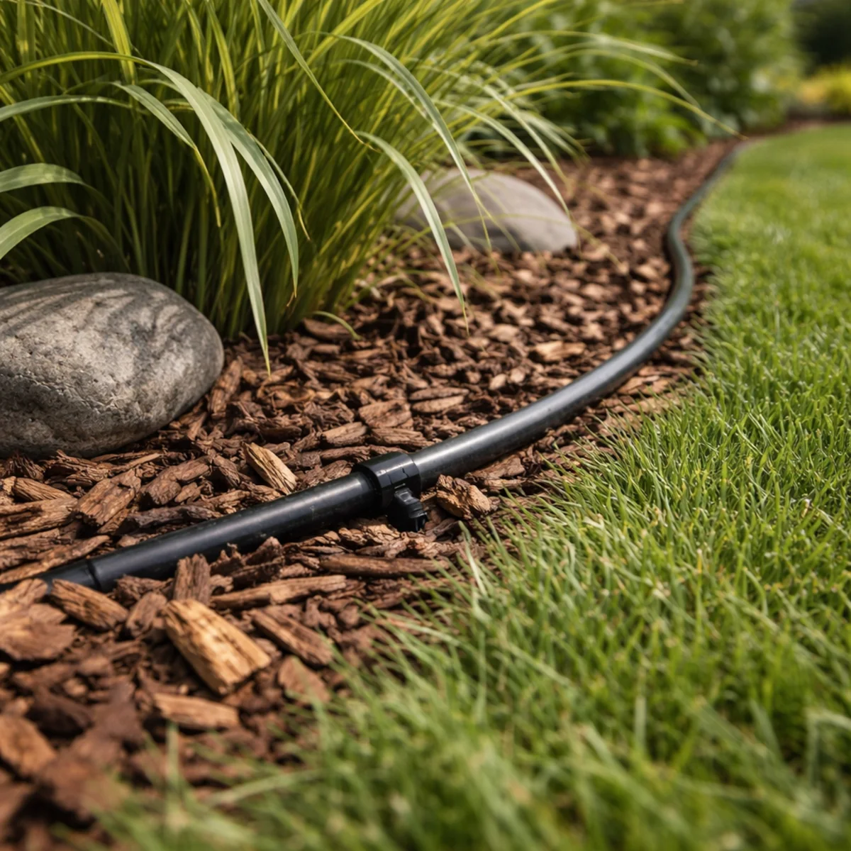 Dobrze schowany przewód do nawadniania ogrodu poprowadzony w rabacie pod korą