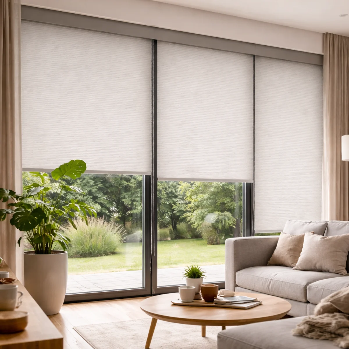 Zasłonięte automatyczne rolety w nowoczesnym salonie z dużymi przeszkleniami