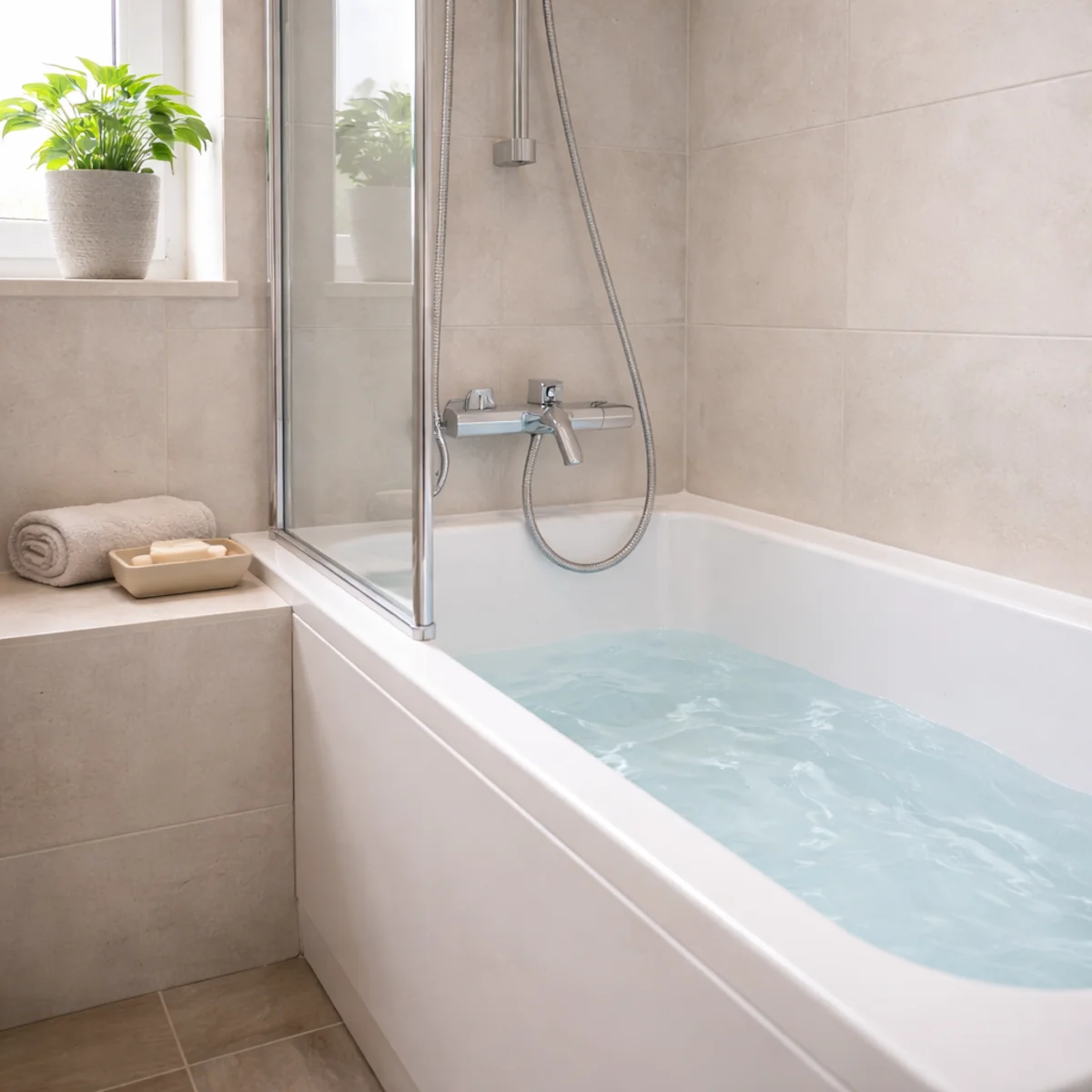 Zbliżenie na wannę w małej łazience z baterią ścienną i szklanym parawanem