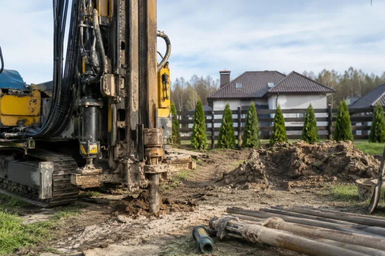Maszyna wykonująca odwierty geotechniczne na działce budowlanej przed budową domu