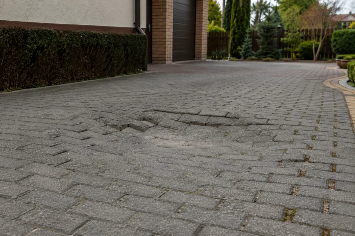 Zapadnięta kostka brukowa na podjeździe przed domem z widocznym obniżeniem nawierzchni