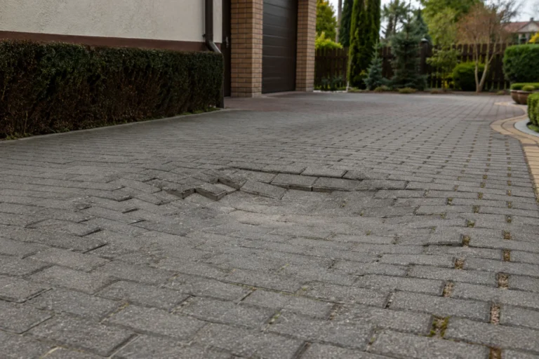 Zapadnięta kostka brukowa na podjeździe przed domem z widocznym obniżeniem nawierzchni