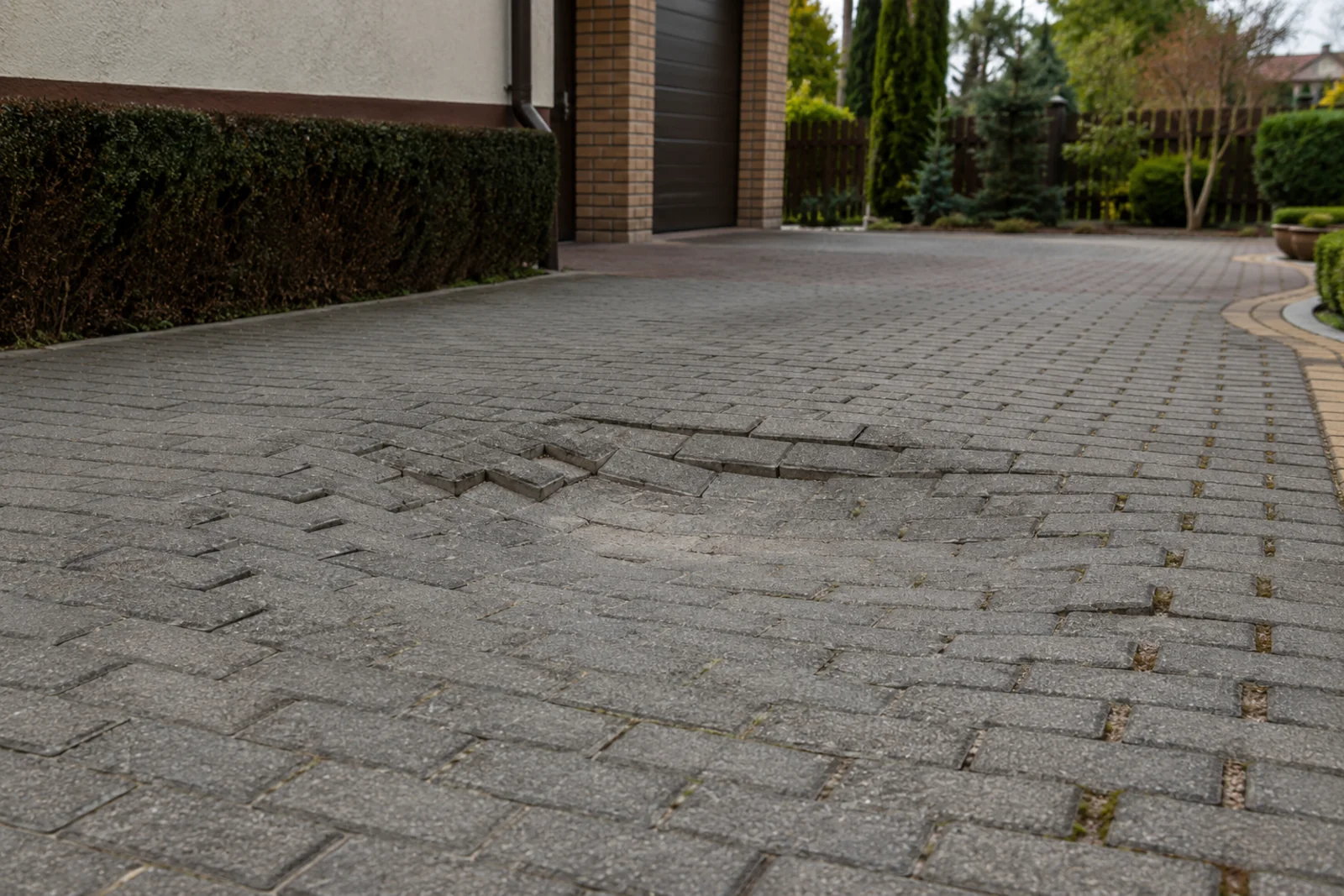 Zapadnięta kostka brukowa na podjeździe przed domem z widocznym obniżeniem nawierzchni