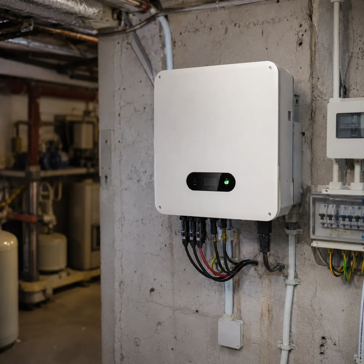 Falownik fotowoltaiczny zamontowany w piwnicy obok instalacji elektrycznej i zabezpieczeń