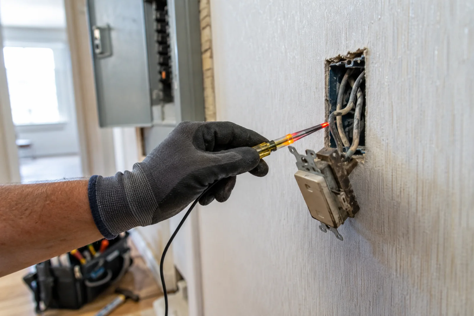Elektryk sprawdza starą instalację aluminiową w ścianie przy użyciu próbnika napięcia