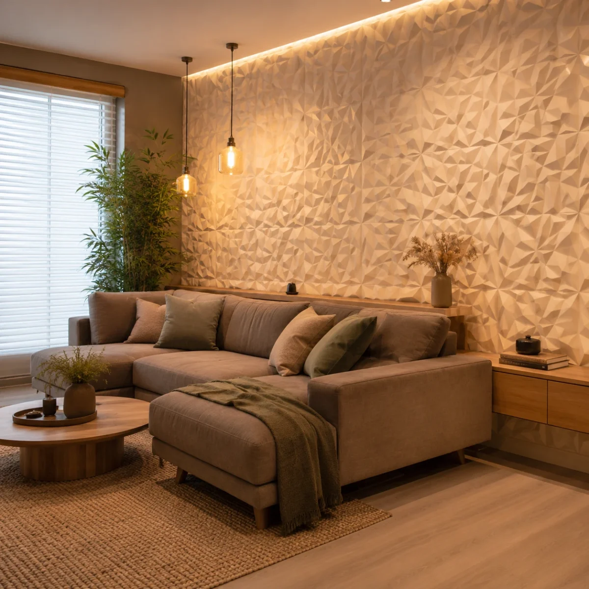 Przestronny salon z jasną ścianą 3D, narożnikiem i ciepłym oświetleniem