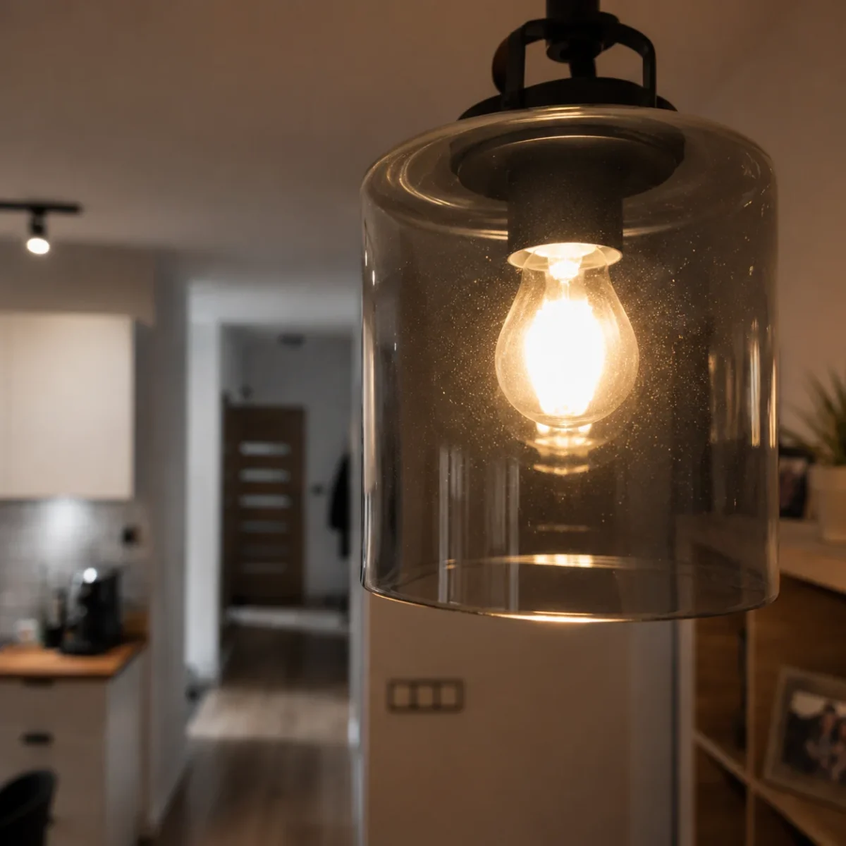 Zbliżenie na lampę LED, gdy światło mruga w domu i może wskazywać na problem z żarówką
