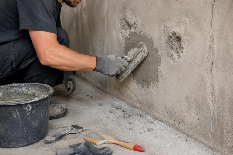Naprawa ubytków w betonie przed malowaniem przy użyciu zaprawy naprawczej i pacy
