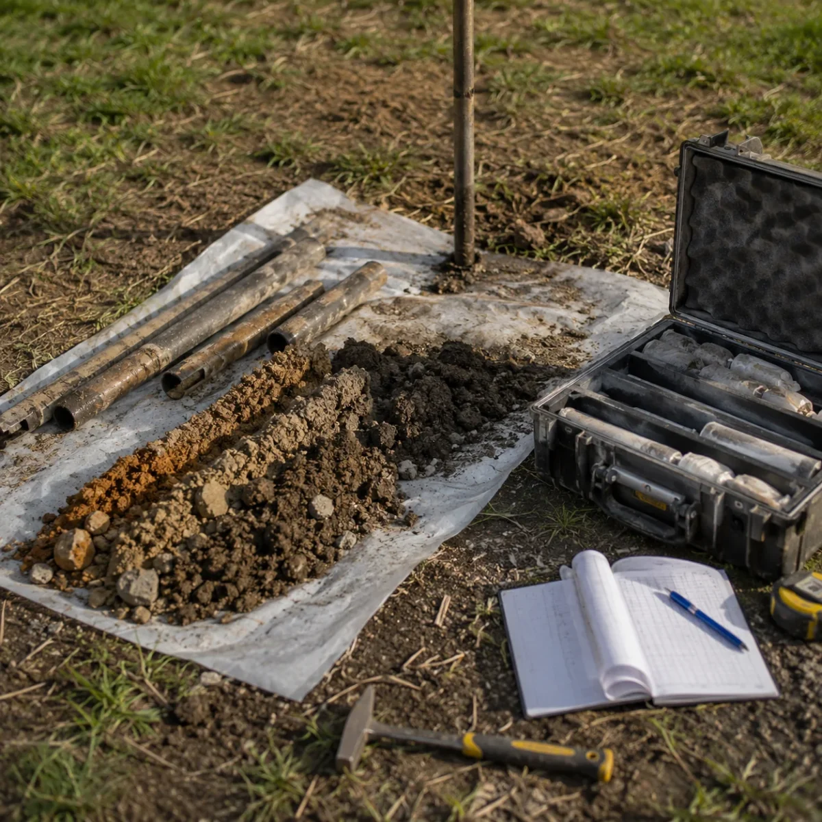 Próbki ziemi, rury do odwiertów i notatnik podczas badania geotechnicznego gruntu