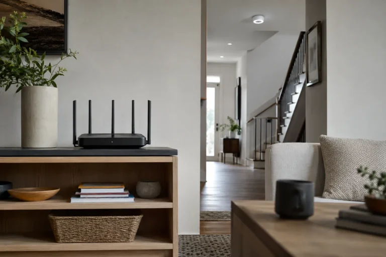 Router Wi-Fi ustawiony w centralnym miejscu nowoczesnego domu jednorodzinnego