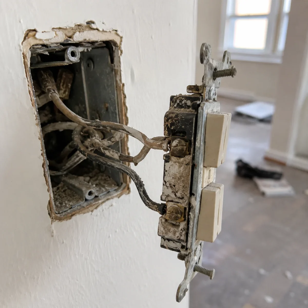 Stara instalacja aluminiowa z wyciągniętym osprzętem elektrycznym i przewodami w ścianie