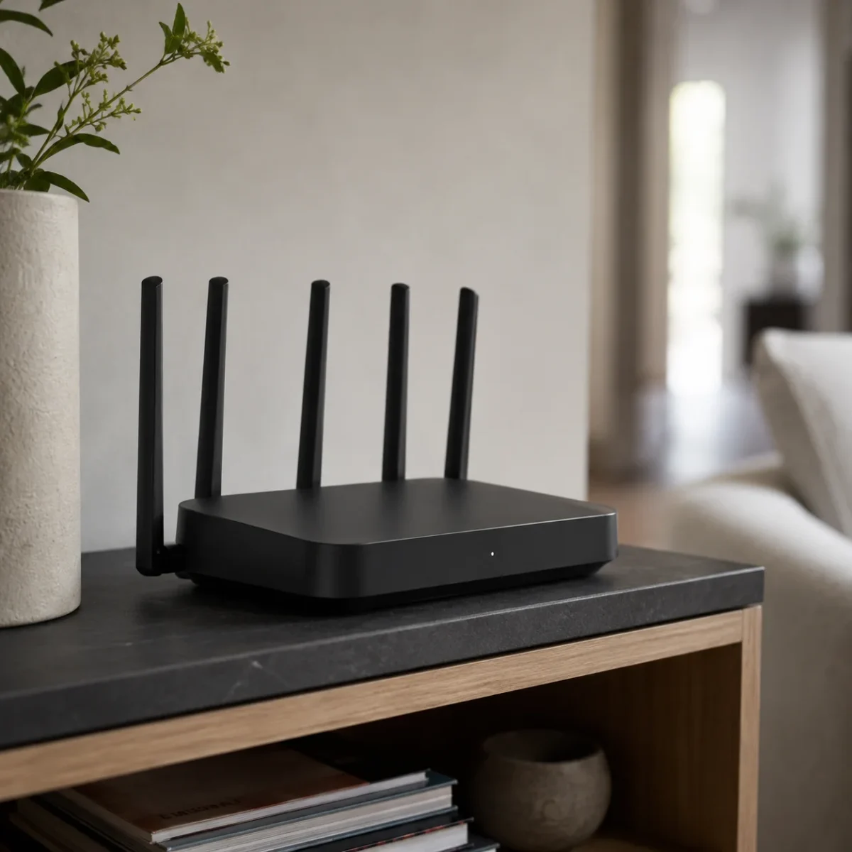 Zbliżenie na router Wi-Fi ustawiony na półce w domu jednorodzinnym
