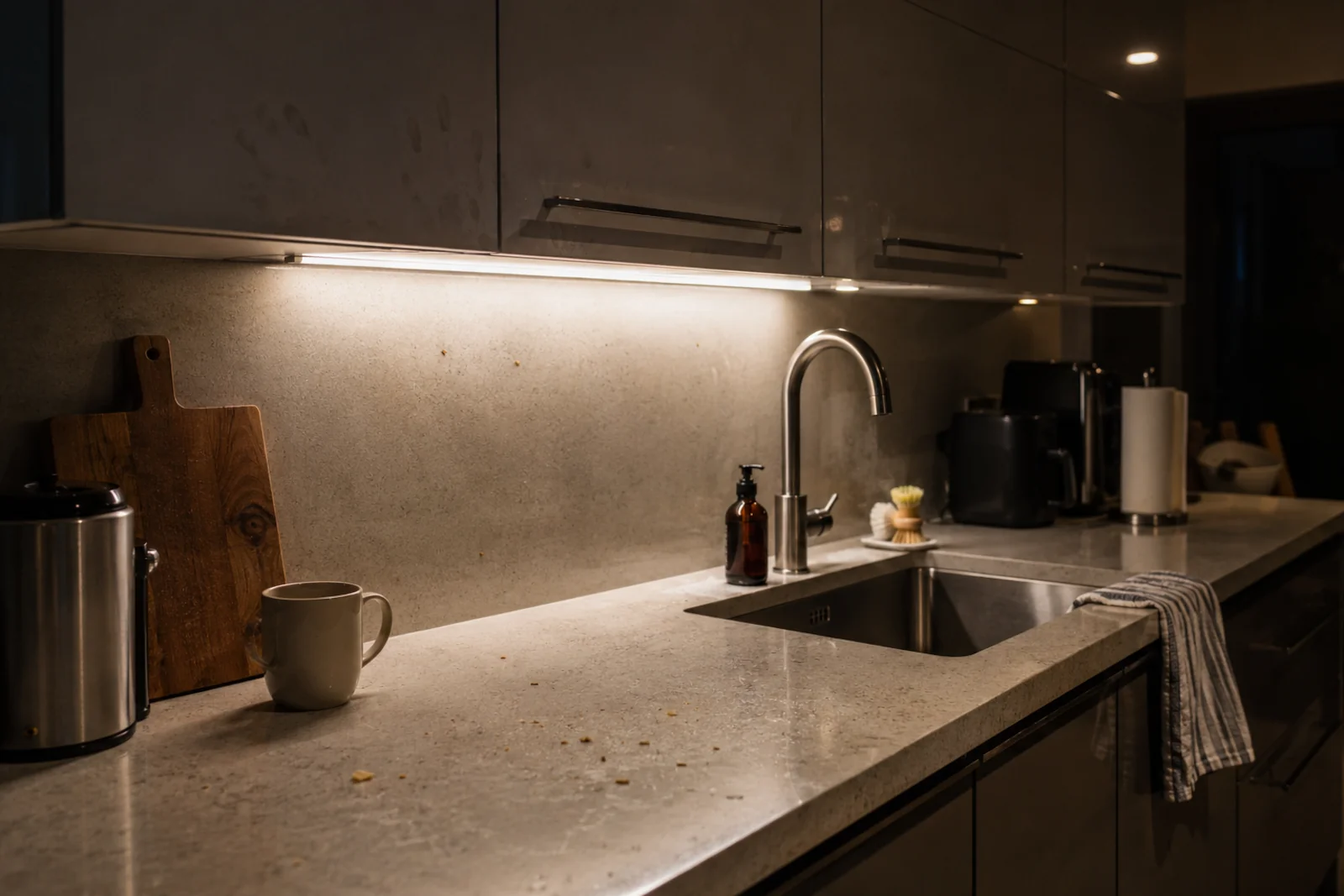 Nowoczesna kuchnia z podświetleniem LED pod szafkami, na blacie widoczne okruchy i smugi przez źle rozłożone światło