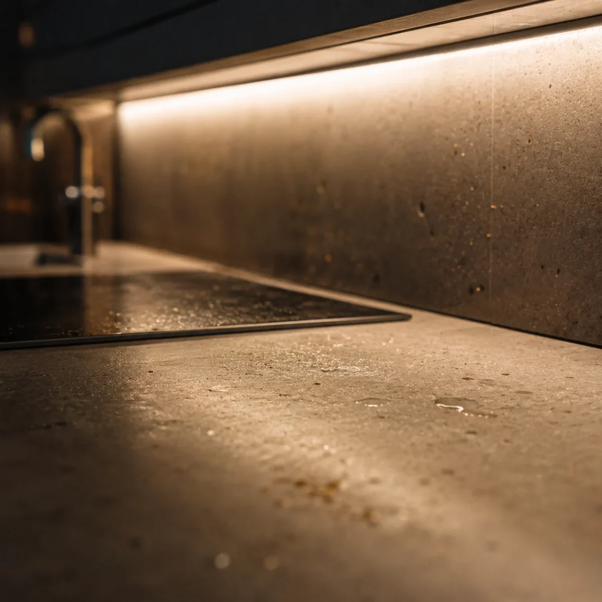 Makro zbliżenie na blat kuchenny z kroplami wody, smugami i okruchami widocznymi w świetle LED
