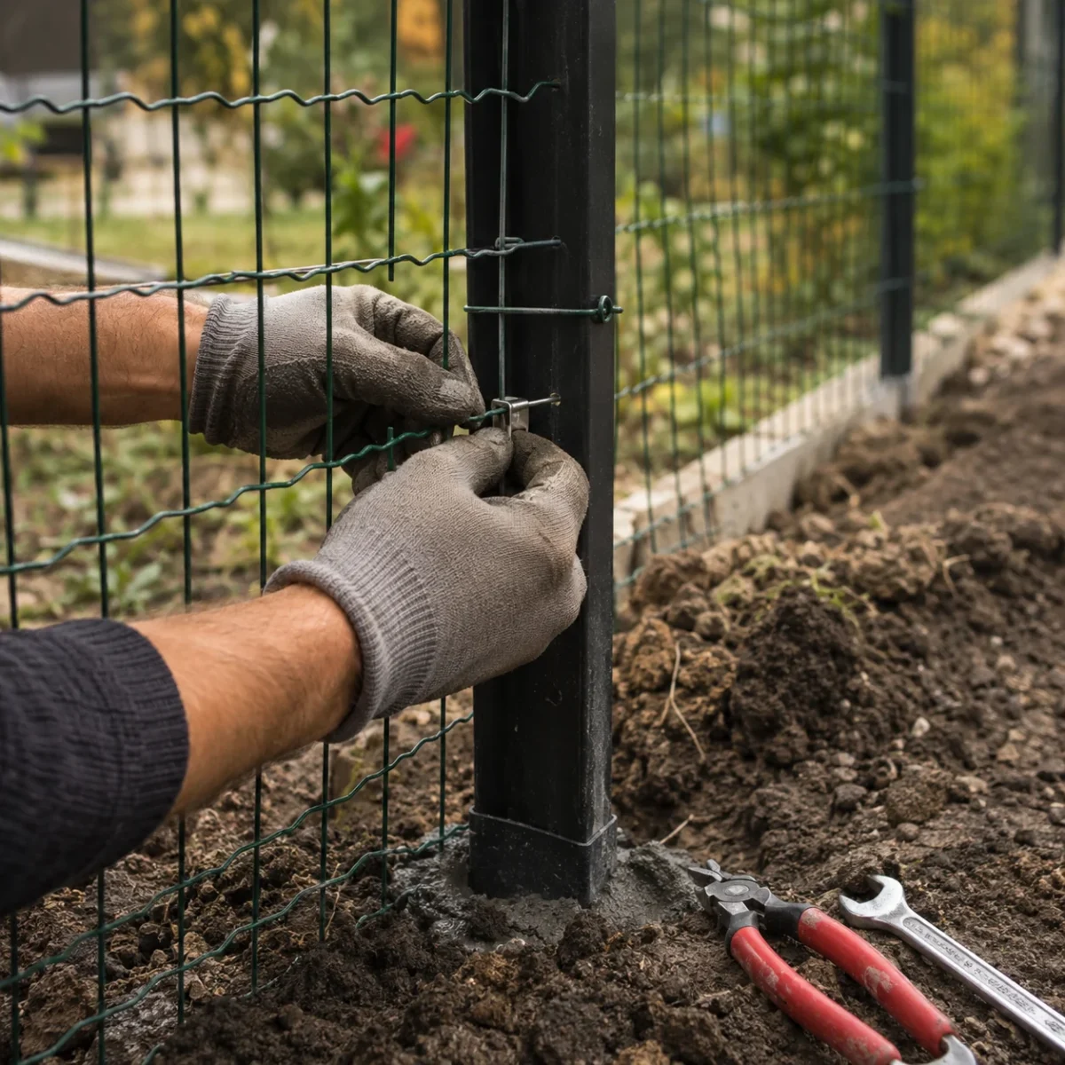 Zbliżenie na montowanie siatki ogrodzeniowej do metalowego słupka