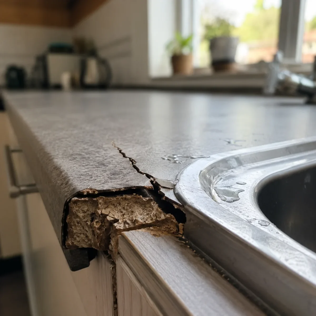 Pęknięty blat kuchenny przy zlewie z widocznym uszkodzeniem i zawilgoconym wnętrzem płyty