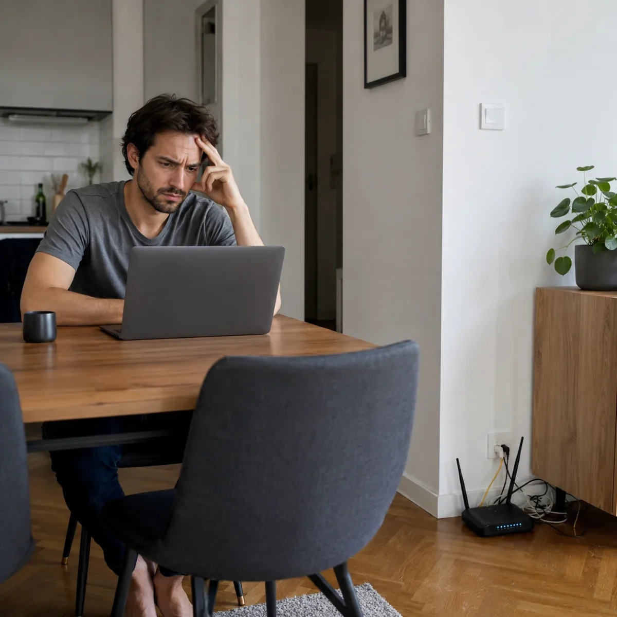 Mężczyzna pracuje przy laptopie w domu, a router Wi‑Fi stoi nisko w rogu pokoju przy ścianie.
