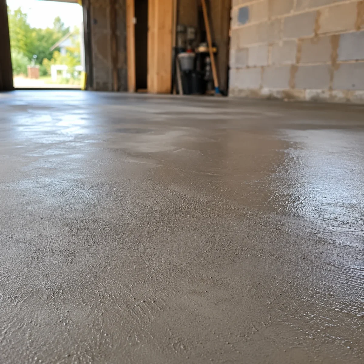 Zbliżenie na świeżą wylewkę betonową w garażu podczas zasychania