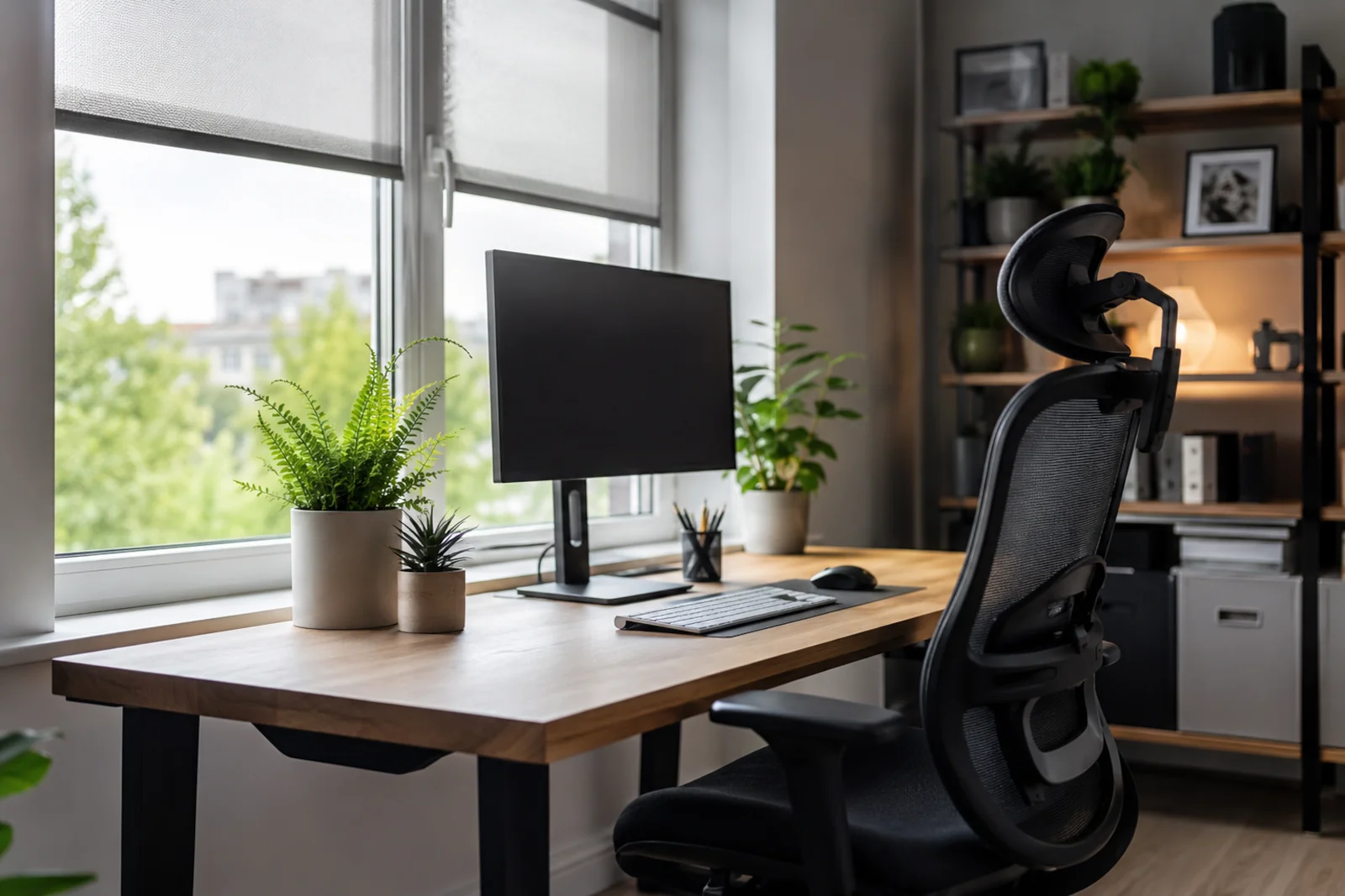 Biurko przy oknie z monitorem i ergonomicznym fotelem w nowoczesnym domowym biurze