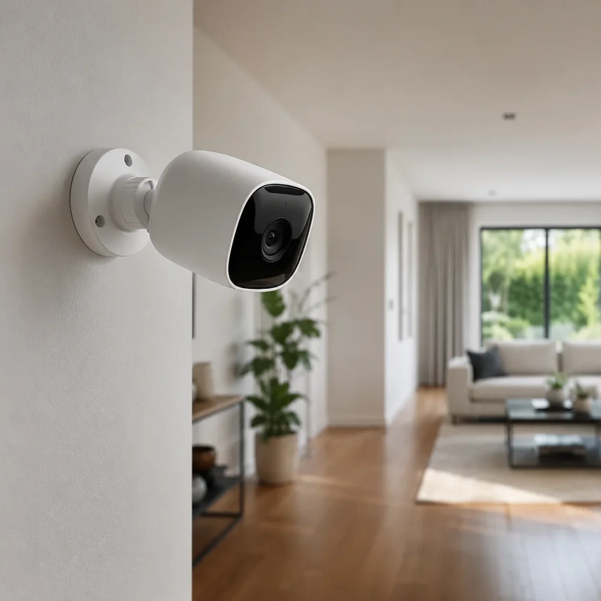 Kamera monitoringu zamontowana na ścianie skierowana na salon w domu