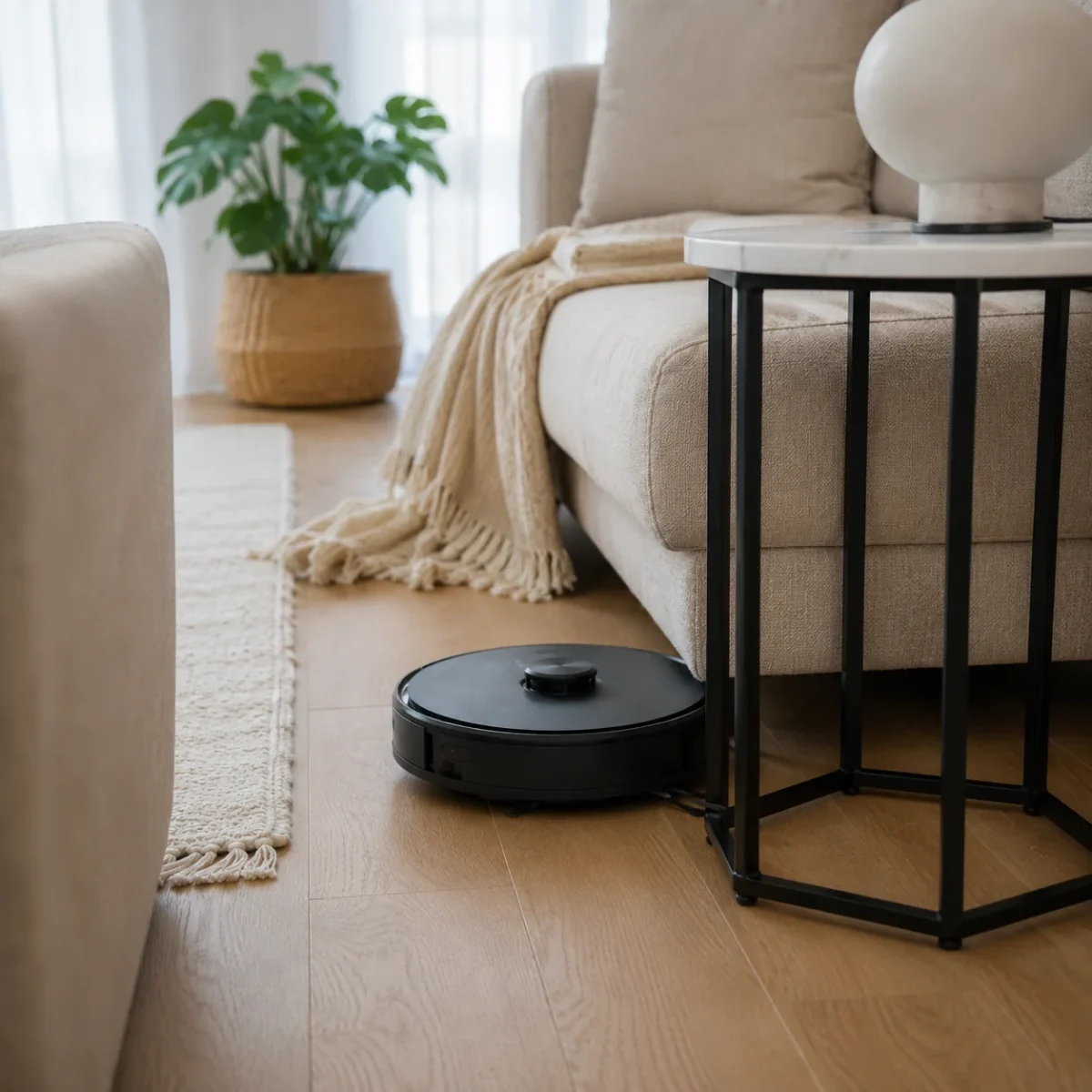 Robot sprzątający zablokowany w wąskim przejściu między sofą a stolikiem