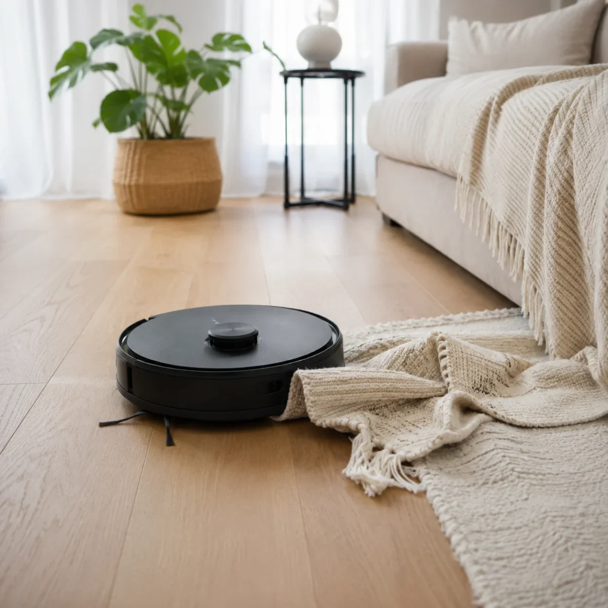 Robot sprzątający zaplątany w leżący na podłodze koc z frędzlami