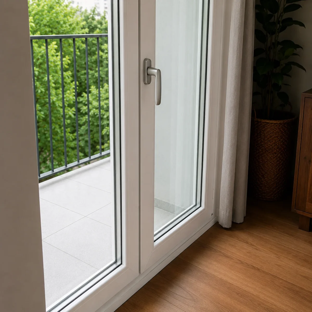 Zamknięte drzwi balkonowe z białą ramą i widokiem na balkon