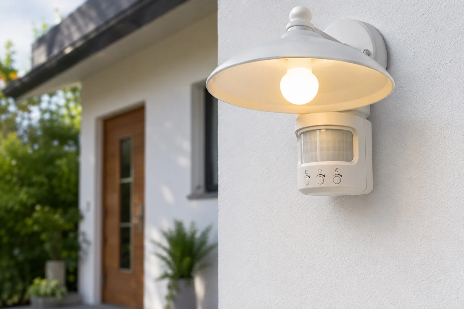 Lampa z czujnikiem ruchu świecąca w dzień na elewacji domu