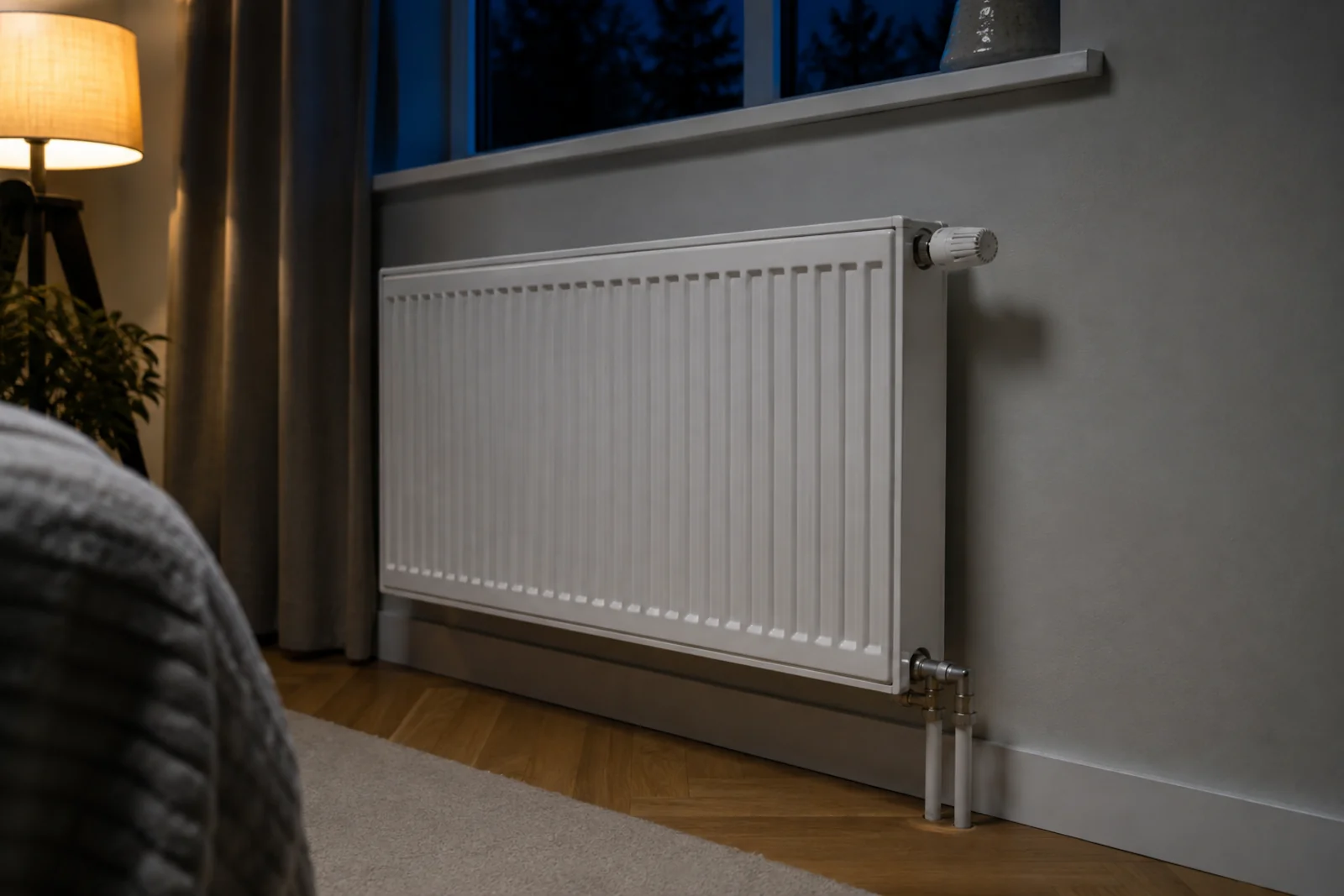 Kaloryfer strzelający nocą w pomieszczeniu z widocznymi rurami instalacji grzewczej