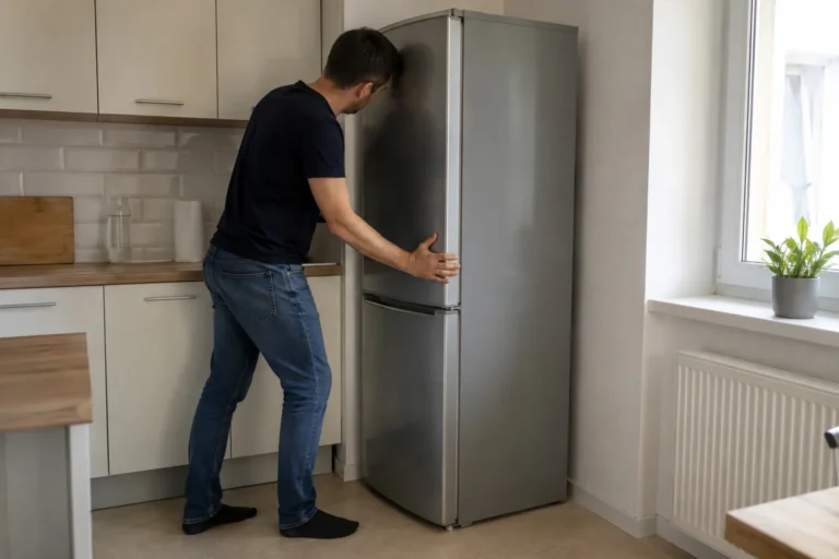 Mężczyzna ostrożnie odsuwa wolnostojącą lodówkę od ściany w jasnej kuchni.