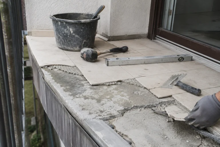 Naprawa posadzki balkonowej z usuwaniem pękniętych płytek i odsłonięciem betonowego podłoża