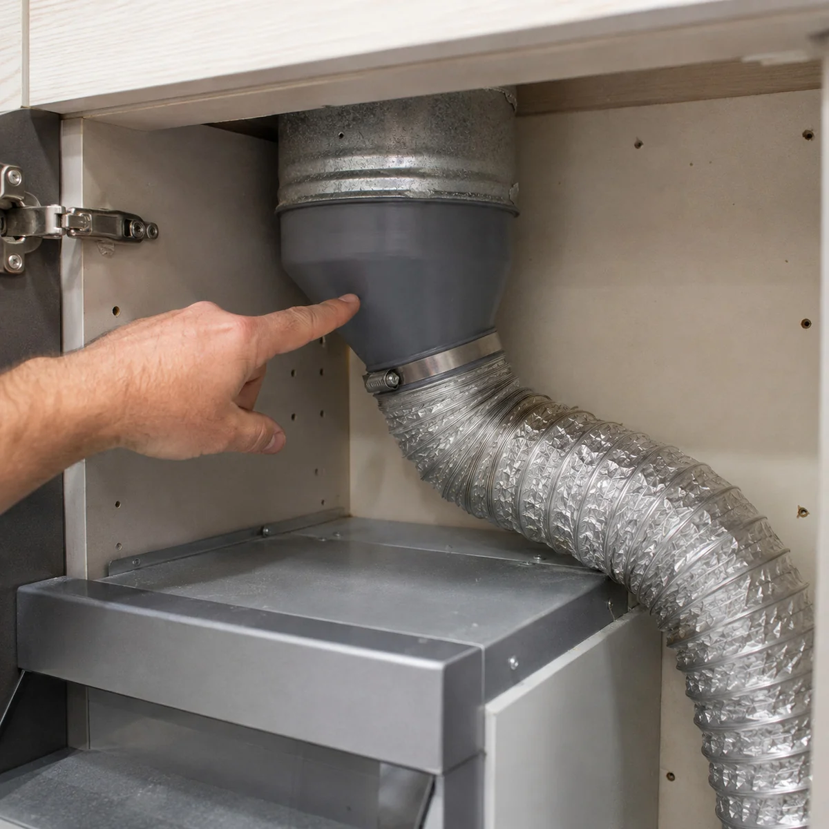 Zbliżenie dużego króćca okapu zwężonego redukcją do mniejszej karbowanej rury.