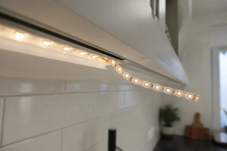 Odklejająca się taśma LED zwisająca z aluminiowego profilu pod szafką kuchenną