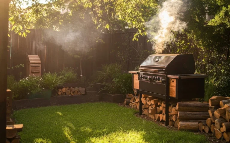 Grill ogrodowy ustawiony w zielonym ogrodzie podczas grillowania