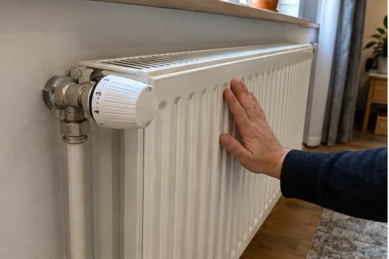 Dłoń sprawdzająca temperaturę domowego grzejnika z zaworem termostatycznym.