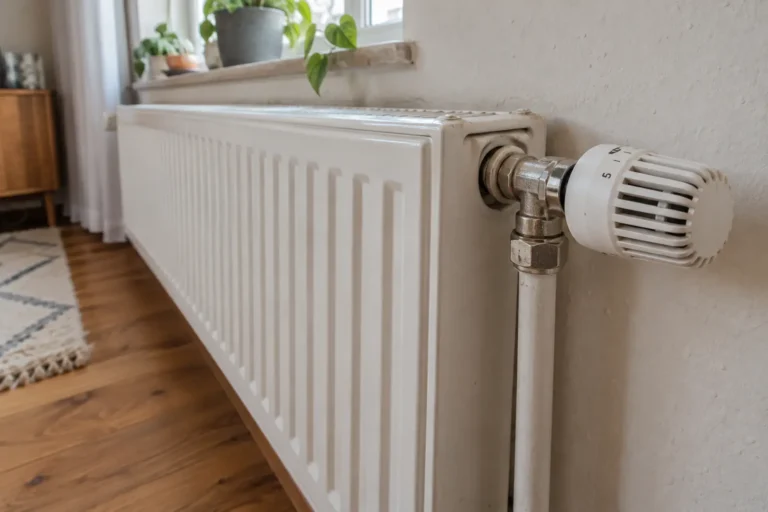 Biały grzejnik płytowy z głowicą termostatyczną i pionową rurą zasilającą w domowym wnętrzu.