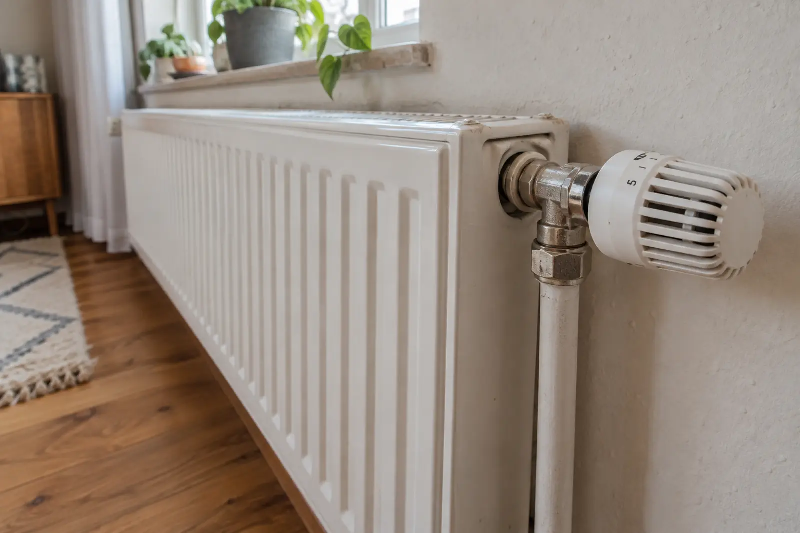 Biały grzejnik płytowy z głowicą termostatyczną i pionową rurą zasilającą w domowym wnętrzu.