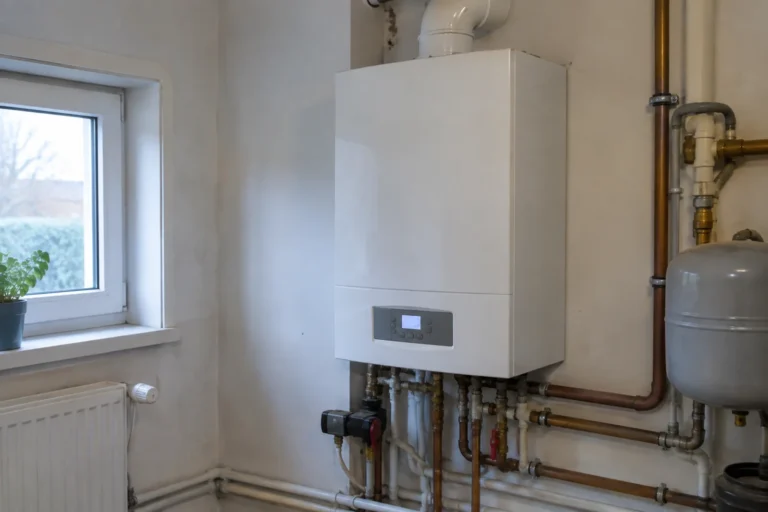 Ścienny kocioł gazowy z instalacją centralnego ogrzewania i grzejnikiem
