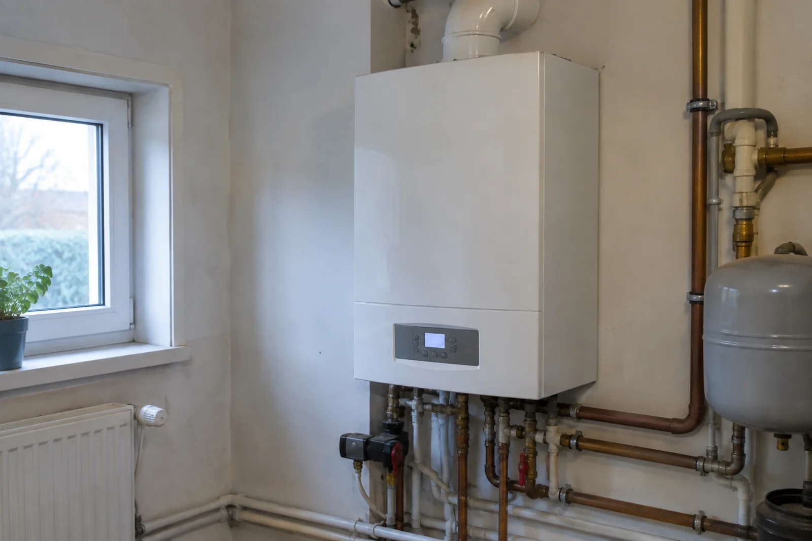 Ścienny kocioł gazowy z instalacją centralnego ogrzewania i grzejnikiem