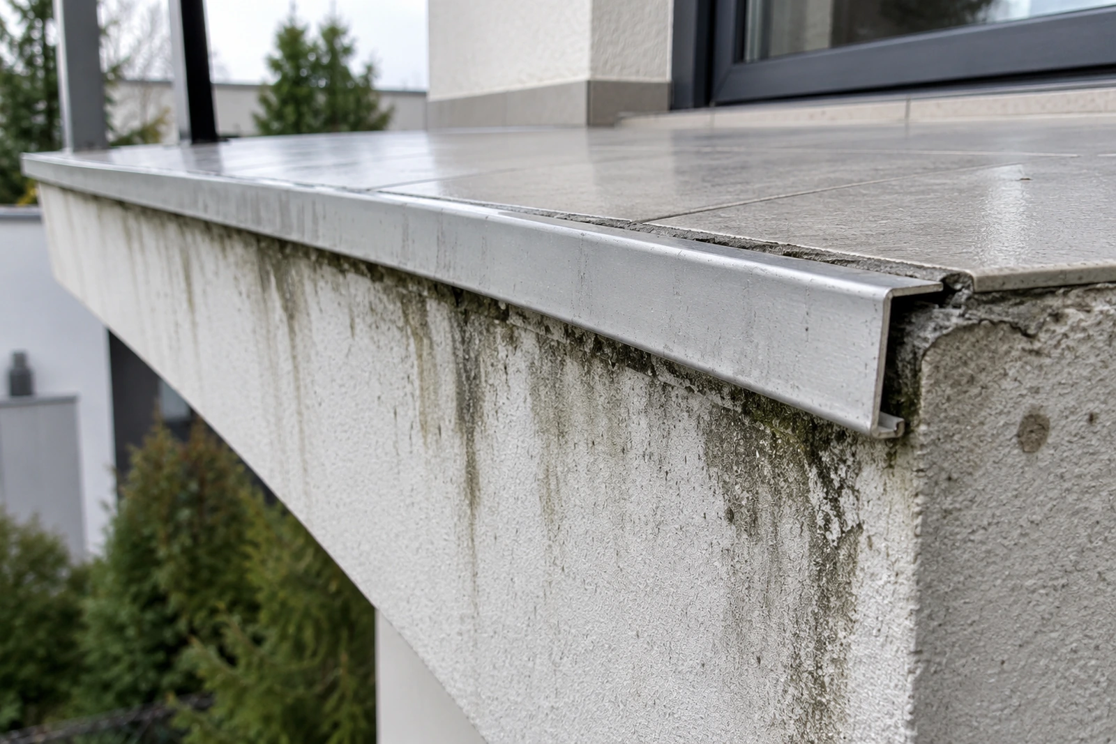 Krawędź balkonu z aluminiowym profilem okapowym i zaciekami na czole płyty