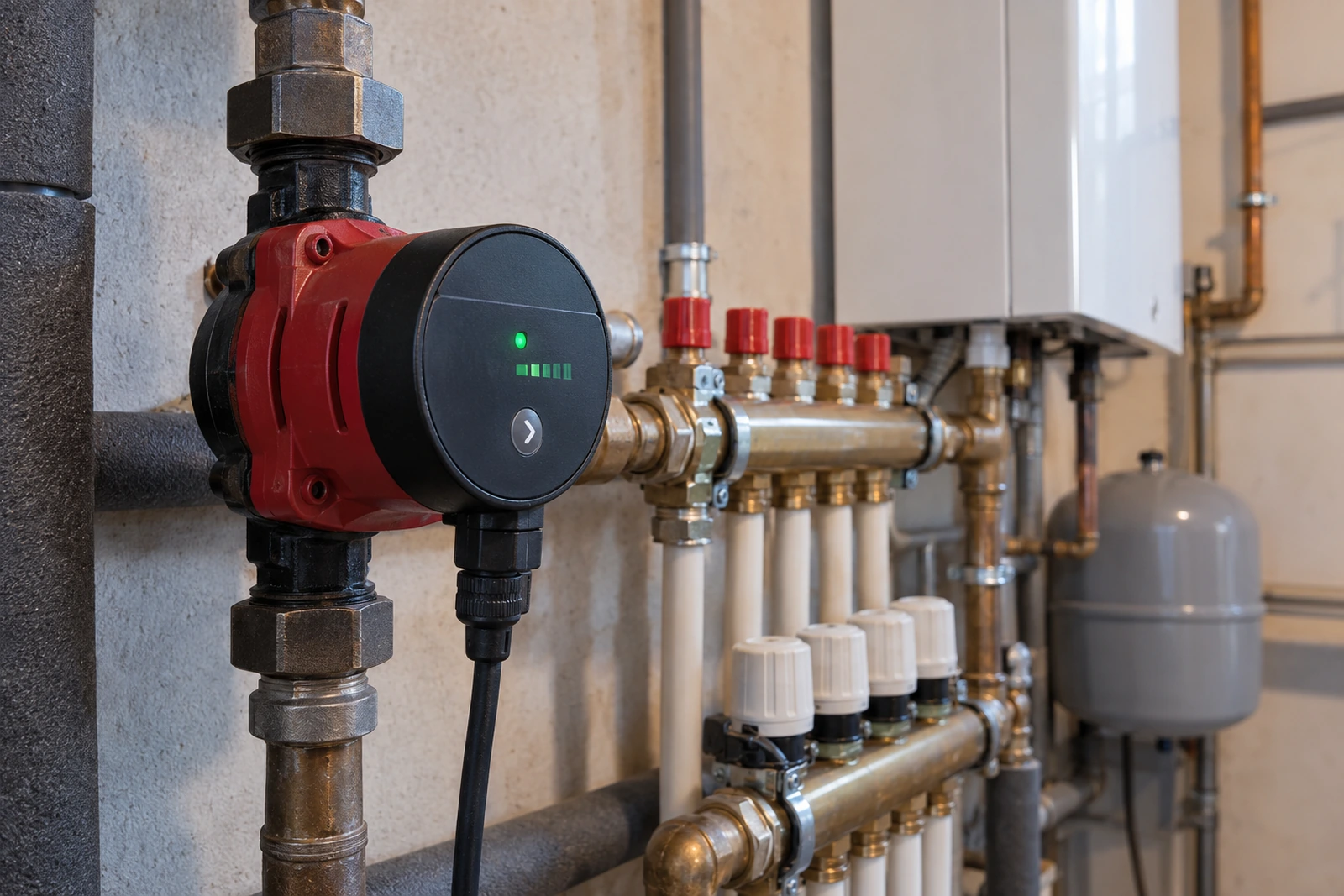 Elektroniczna pompa obiegowa zamontowana na rurach domowej instalacji centralnego ogrzewania.