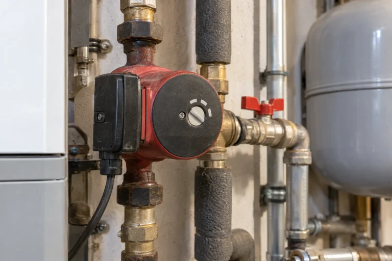 Pompa obiegowa zamontowana na rurach domowej instalacji grzewczej