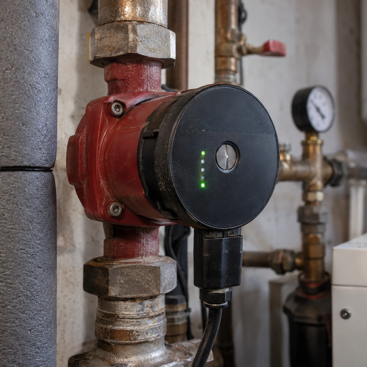 Zbliżenie na pracującą pompę obiegową z kontrolkami zamontowaną w domowej instalacji grzewczej.