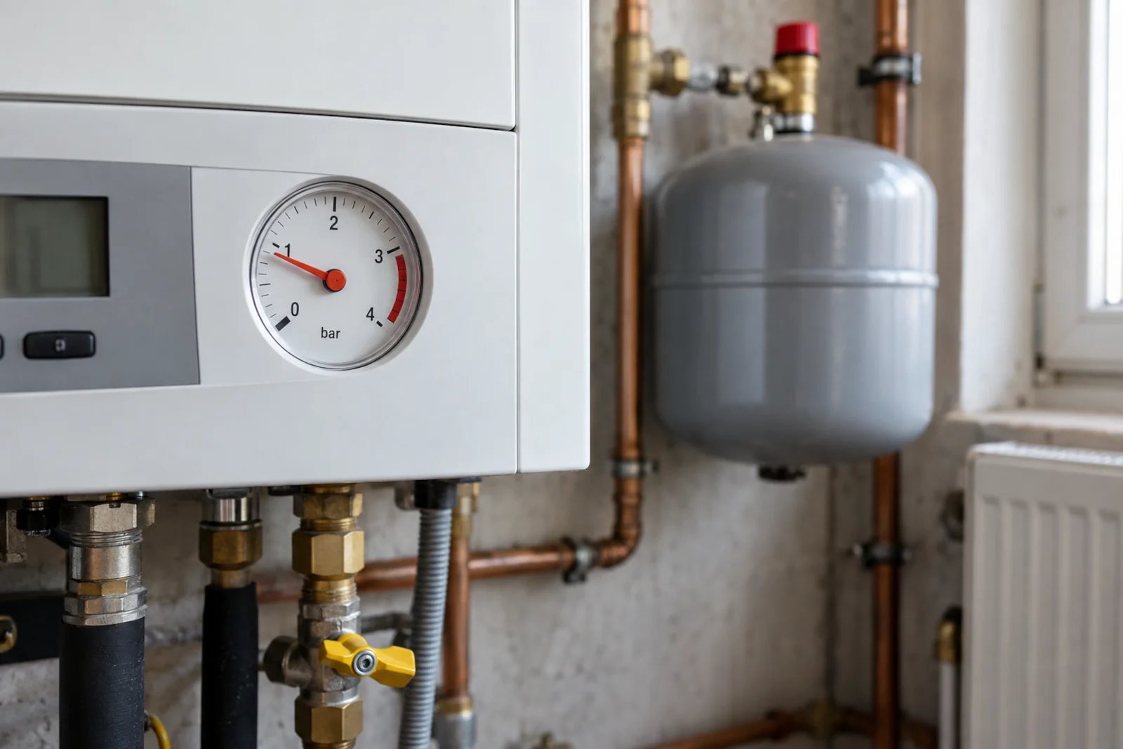 Kocioł grzewczy z manometrem wskazującym niskie ciśnienie oraz naczyniem przeponowym instalacji CO