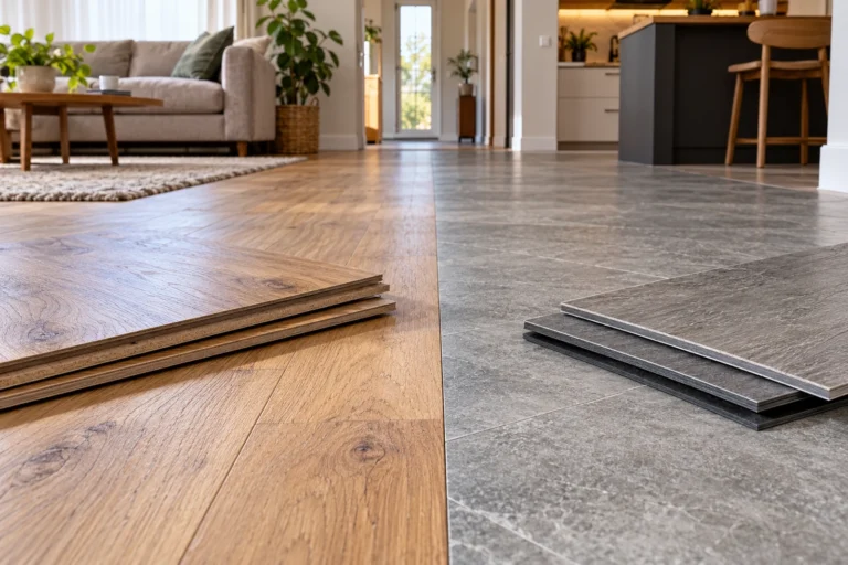 Porównanie paneli laminowanych i paneli SPC w nowoczesnym salonie z kuchnią