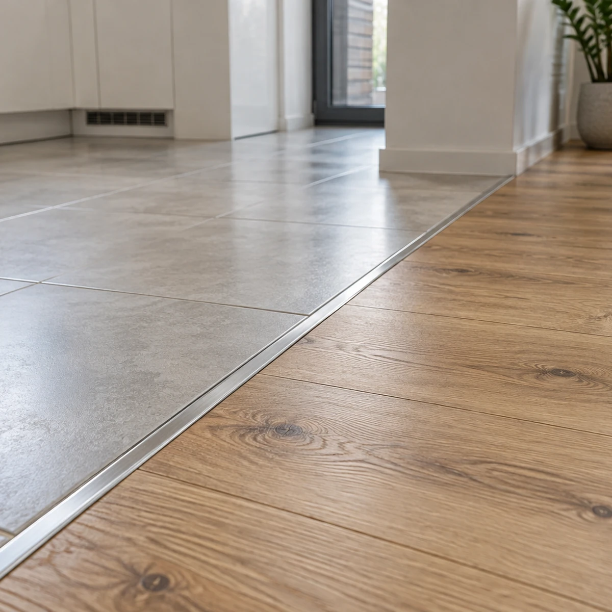 Niski metalowy profil łączący płytki ceramiczne z panelami podłogowymi